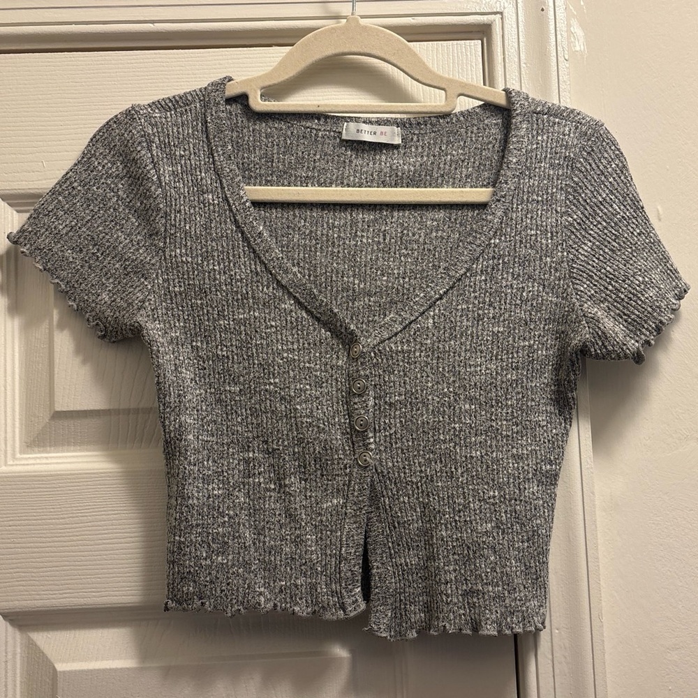 Better Be Gray V-Neck Short Sleeve Button Crop Sweater